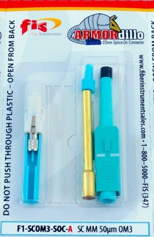 FIS Splice-On Connector Armordillo SC Multimode 50um OM3 3mm / 2mm / 1.6mm Aqua 100 Pack